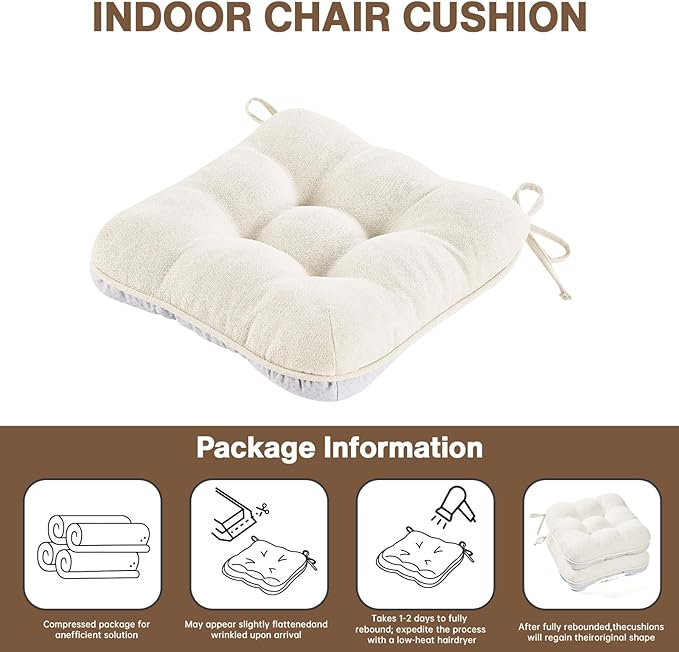 BETU White Chair Cushions for Dining Chairs Set of 2,3.5" Thick Kitchen Table Chair Pads with Ties,Non Slip Backing and Covers, Seat Cushion for Dining Room,Bar,Patio Chairs,15.5"X15.5"X3.5",White