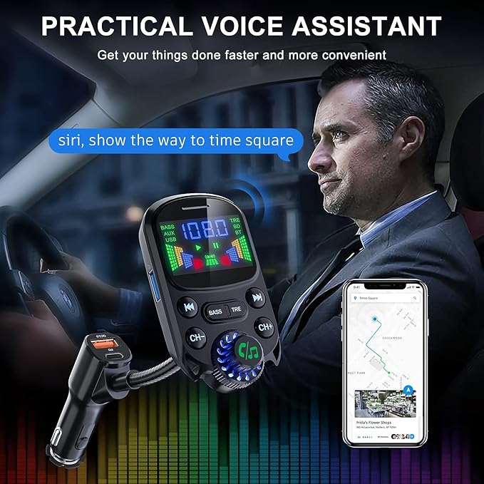 Bluetooth 5.3 FM Transmitter for Car SOARUN Bluetooth Car Adapter PD30W & USB Port Fast Charge, HiFi Treble & Bass Player, 1.6" Display Hands-Free Calling Truck Radio with AUX Input/Output, TF Card