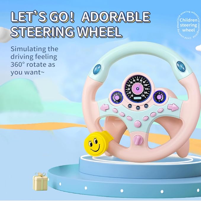 Kids Steering Wheel Toy for Car Backseat with Light and Music,Suction Cups Base-Interactive Simulated Driving Steering Wheel Toy for Toddlers Boys Girls,Pink