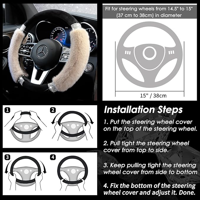 Achiou Steering Wheel Cover, Fluffy, Universal Rhinestone, Comfortable, Non-Slip Luxurious Faux Wool,Bedazzled Car Accessories for Women, Fits for 14.5 to 15 Inch