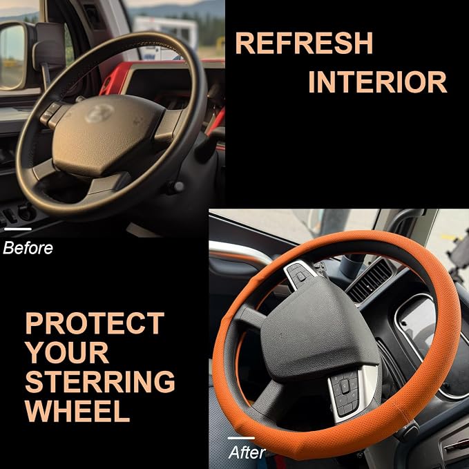 PINCTROT XL 17.5-18in Nappa Leather Supported Grip Steering Wheel Cover for Semi Truck, Fits RV, Big Rig Trucker, 18 Wheeler and Classic Cars, Anti-Slip Perforated Design 17.5-18 Inch (Hot Orange)