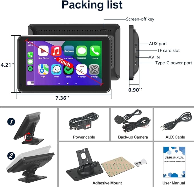 7" Wireless CarPlay Screen for Car - Apple CarPlay & Android Auto Portable Touch Screen with Backup Camera, Bluetooth, FM Transmitter, Voice Control for All Vehicles (Black)