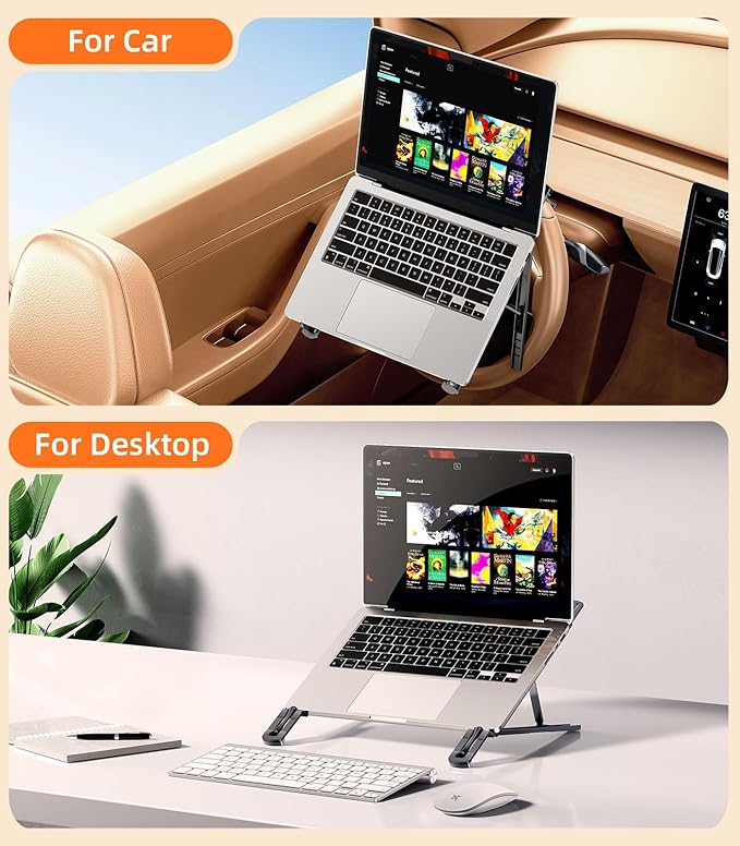 Car Laptop Mount Steering Wheel Tray Holder, Height Adjustable Car Desk for Laptop Computer Tablet, Foldable Portable Lap Laptop Stand for Car Vehicle Workstation Accessories Truck SUV Tesla