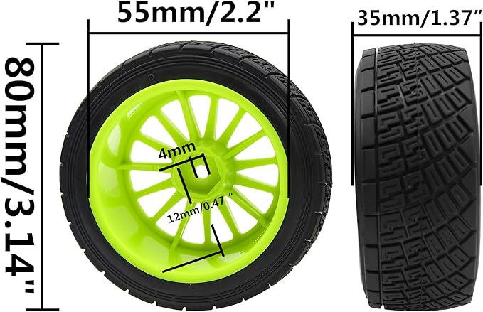 80mm/3.14" Rubber Tires & Plastic Wheel Rims 2.2 Inch 12mm Hex Hub Compatible with 1/10 HPI WR8 Off-Road Rally 1/14 WLtoys 124019 144001 1/16 Redcat Volcano RC Buggy (Green)