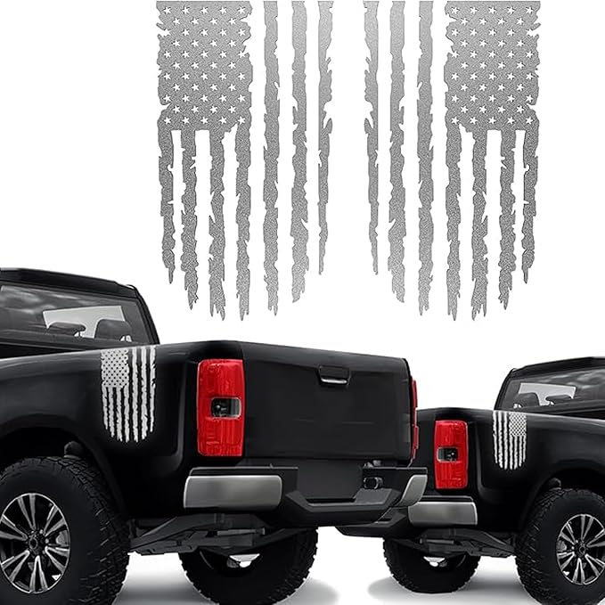 GRITKULTURE Distressed American Flag Vinyl Decal 17 inches by 9 inches for Trucks, Cars, and Windows Compatible with Most Pickup- Rear Graphic USA, US Flag Car Sticker (Reflective Silver)