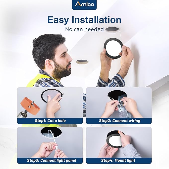 Amico 24 Pack 4 Inch Black 5CCT Ultra-Thin LED Recessed Ceiling Light with J-Box, 2700K/3000K/3500K/4000K/5000K Selectable, 10W Eqv 70W, Dimmable Canless Downlight, 800LM High Brightness, ETL, FCC
