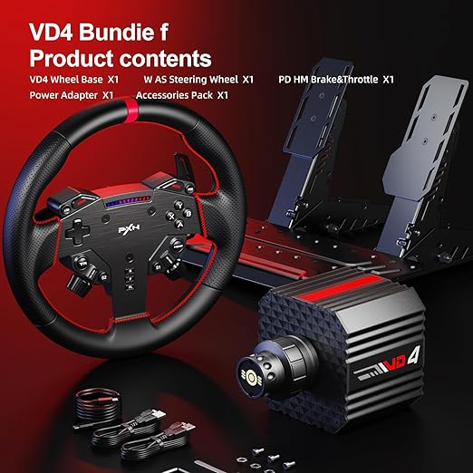 PXN VD4 Bundle F – PC Sim Racing Setup with 4Nm Direct Drive Servo Motor Base, 11-Inch W AS Racing Wheel & PD HM Brake & Throttle Pedals – Force Feedback Steering Wheel for PC Windows 7–11