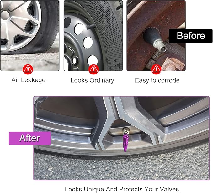 SINGARO 60mm Spiked Valve Caps, Aluminum Alloy Dustproof and Waterproof Tire Valve Stem Caps, Suitable for Cars, Trucks and Motorcycles (4PCS Purple)