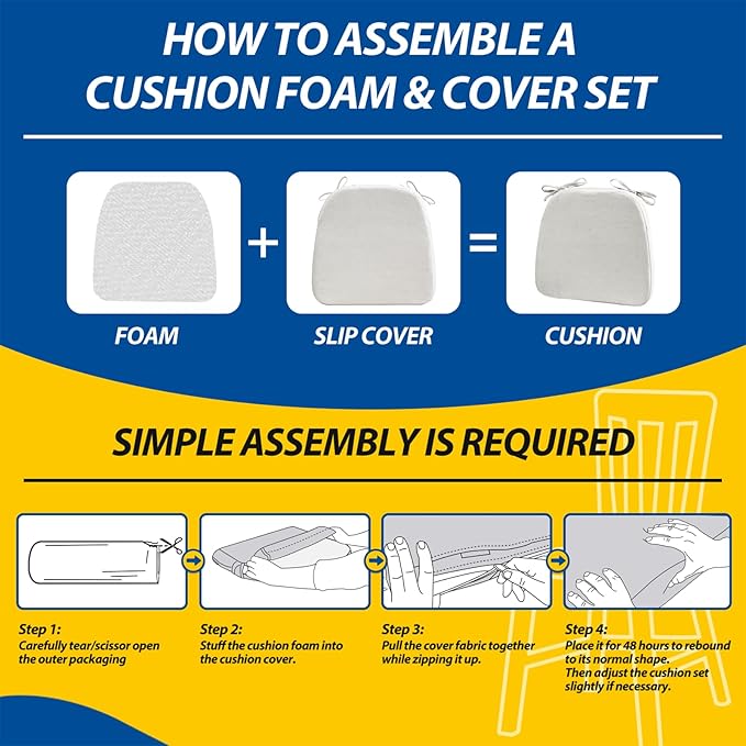 AAAAAcessories D-Shaped Chair Cushions, 2" Thick Dining Chair Pads with Ties and Removable, Machine-Washable Cover, 17" x 16", Set of 6, Natural Linen