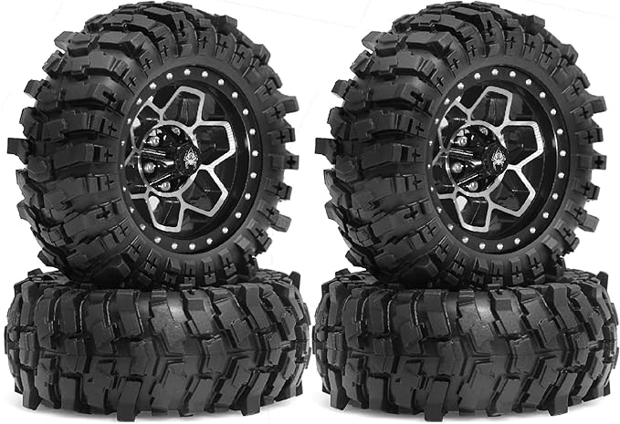 REDSPIDER Metal 1.9'' Beadlock Wheels and Crawler Tires OD 88MM/3.46'' (4PCS) for 1/12 RC Crawler MJX H12Y+ MN-128 MN82S LC79 (Black)