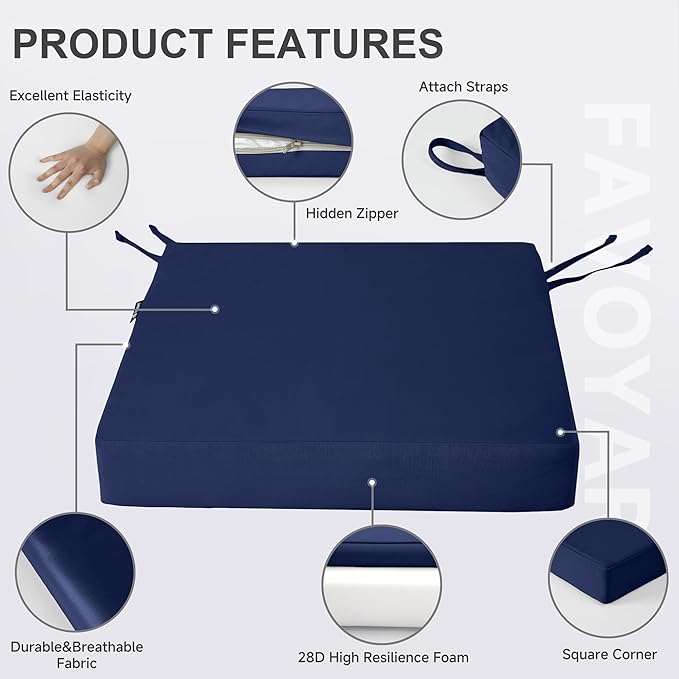 Favoyard Patio Chair Cushions 18 x 18 x 3 Inch Waterproof Outdoor Seat Cushions for Patio Furniture 3-Year Color Fastness Garden Sofa Couch Pads with Handle & Adjustable Straps Set of 2, Blue