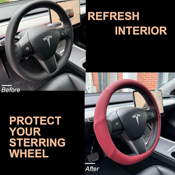 PINCTROT Supported Grip Nappa Leather Steering Wheel Cover for Tesla Model Y/3 Highland/Juniper, D Shaped 14 Inch Small Sized with Breathable Perforation, Flat Bottom 14 Inch(Burgundy Red)
