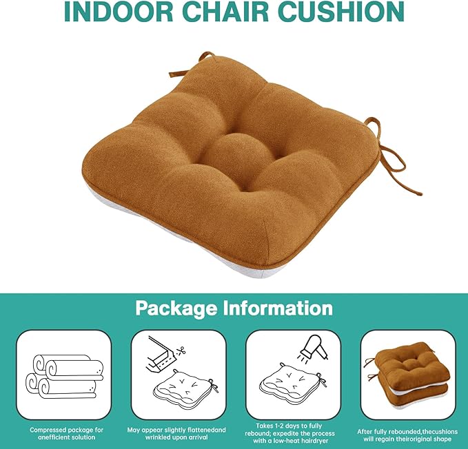 BETU Chair Cushions for Dining Chairs Set of 6,3.5" Thick Kitchen Table Chair Pads with Ties,Non Slip Backing and Covers, Seat Cushion for Dining Room,Bar,Patio Chairs,15.5"X15.5"X3.5",Caramel