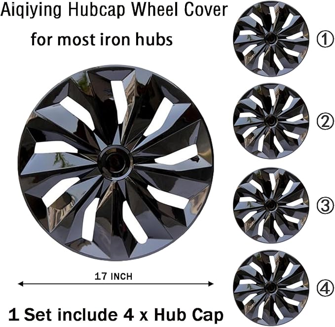 Hubcap Wheel Cover Replacement R17 Hub Caps Universal-Fit Steel Wheel Rim Cover ABS Material Exterior Accessories for Most Car Truck SUV -Set of 4(17-inch,Black)