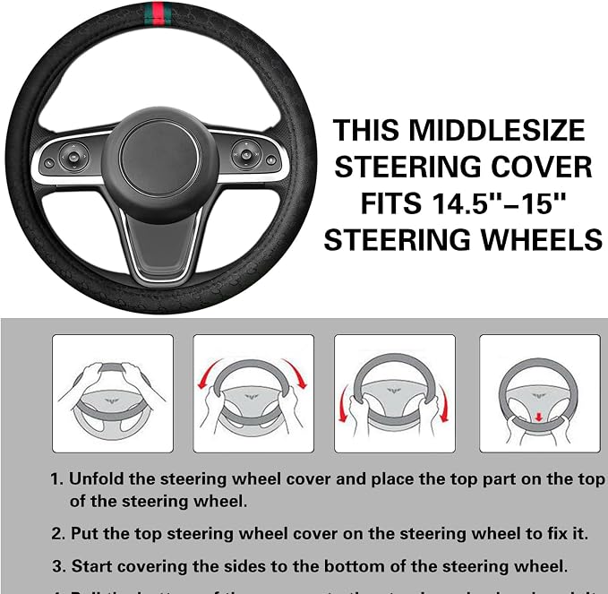 5PCS Steering Wheel Cover, with 2 Headrests, 2 Seat Belt Covers - Universal Fit for 14.5-15" Steering Wheel, Enhances Driving Experience - Perfect for Women (Black)