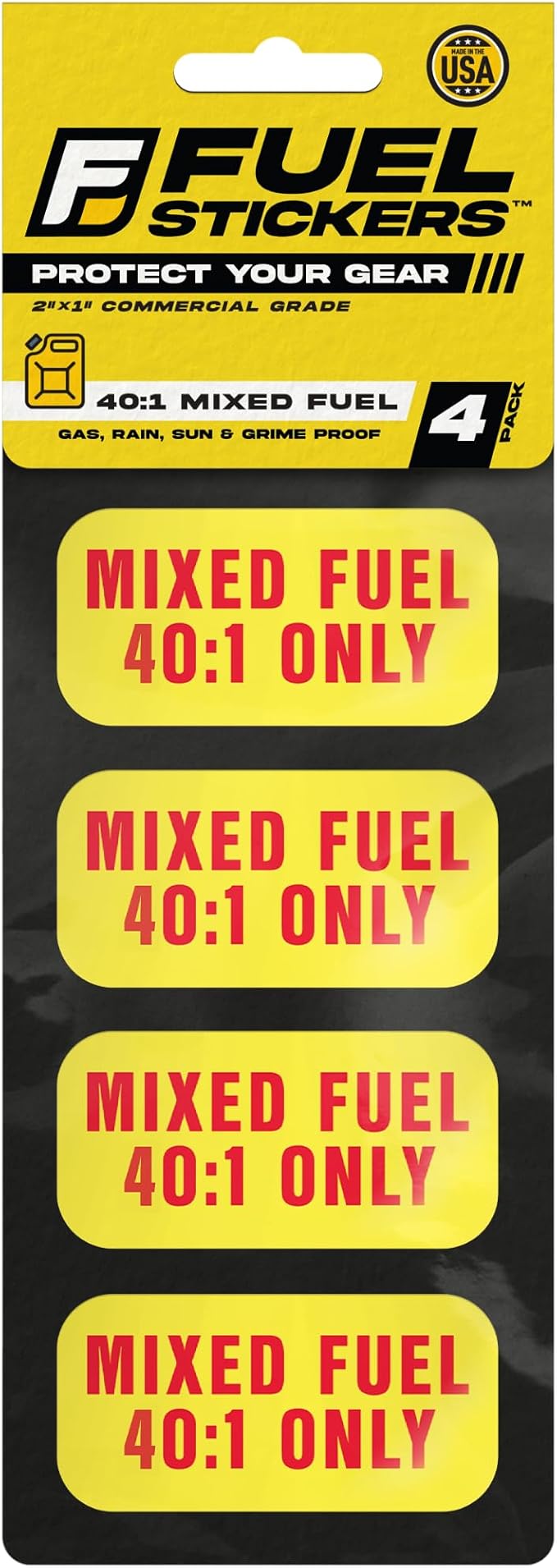 Mixed Fuel Sticker 40:1 - Gas Oil Mix Label for Outdoor Fuel Power Equipment - Weather Proof, Extreme Stick, Commercial Grade Label by Fuel Stickers - USA Made (2x1 inch), 4 Labels