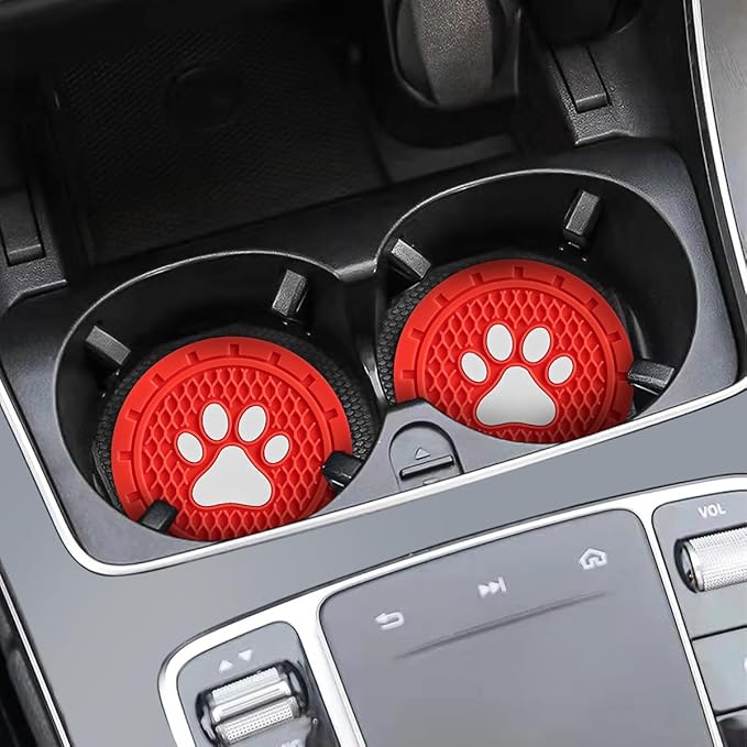 Osilly Car Cup Holder Coaster, 4 Pack PVC Paw Print Anti Slip Insert Coasters, 2.75 Inch Universal Cute Dog Paw Auto Drink Mat, Car Interior Accessories Decor for SUV, Truck, RV and More (Red)