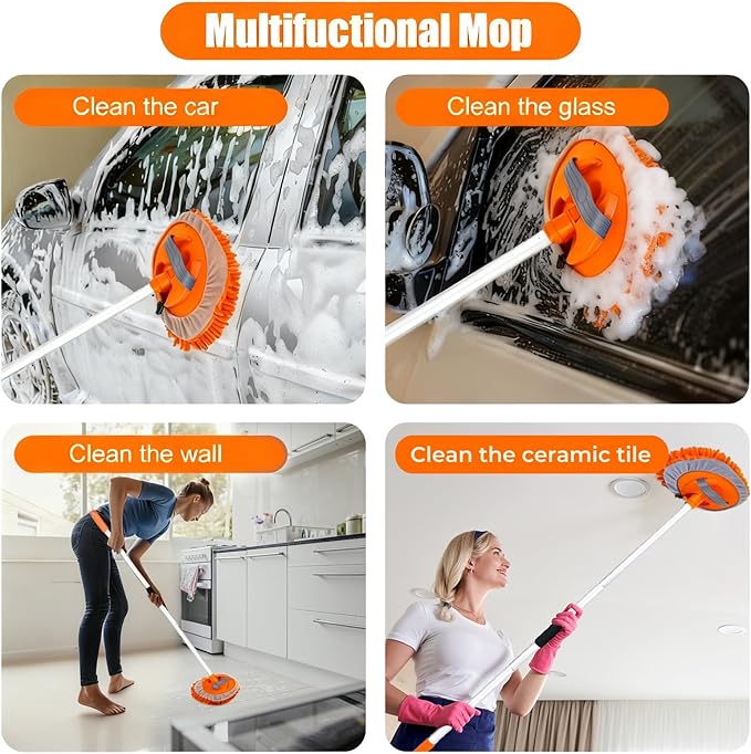 62" Car Wash Brush with Long Handle Car Cleaning Brush Kit Car Cleaning Supplies Kit Car Washing Duster Tools Accessories, 1 Chenille Scratch-Free Replacement Head Aluminum Alloy Pole (Orange)