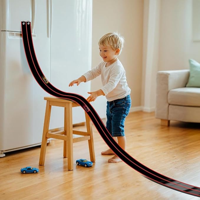 Flex Tracks 15 Ft for Kids Starter Set, Flexible Race Car Ramp Track with Suction Cups Compatible with Diecast 1/64th Cars for Ages 3 & Up (Black & Red)
