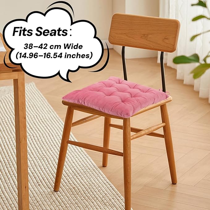 6 Pack Square Seat Cushion Chair Pads for Kitchen Dining Chairs, Soft Comfort Velvet Chair Mat Pillow Cushions with Ties for Office Desk Living Room Tatami 15.5", Pink