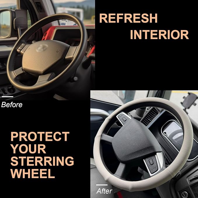 PINCTROT XL 17.5-18in Nappa Leather Supported Grip Steering Wheel Cover for Semi Truck, Fits RV, Big Rig Trucker, 18 Wheeler and Classic Cars, Anti-Slip Perforated Design 17.5-18 Inch (Cream White)