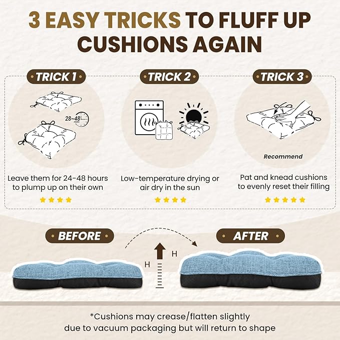 downluxe Indoor Chair Cushions for Dining Chairs, Tufted Overstuffed Textured Kitchen Chair Pads with Ties and Non-Slip Backing, 16.5" x 16.5" x 4", Light Blue, 4 Pack