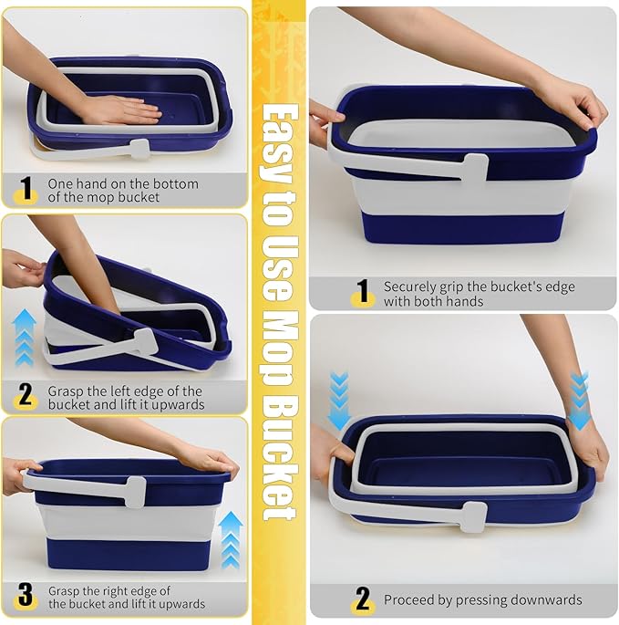 Collapsible Mop Bucket for Cleaning with Handle, Silicone Square Wash Bucket for Windows Cleaning Car Washing,Cleaning Supplies Organizer Plastic Water Bucket