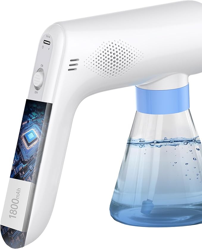 Mini Disinfection Fogger, Stainless Steel Nozzle, Better Grip Comfort, 6.1oz Cordless Electric Sanitizer Atomizer, Blue Light Nano Spray Gun for Place Cleaning/High-Touch Item Contactless Sanitization