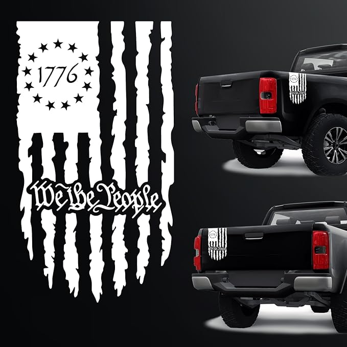 GRITKULTURE We The People Distressed American Flag Decal Vinyl for Trucks, Cars, Tailgate, Windows Preamble of The US Constitution fits Most Pickup Trucks-Rear USA Flag Car Sticker (White)