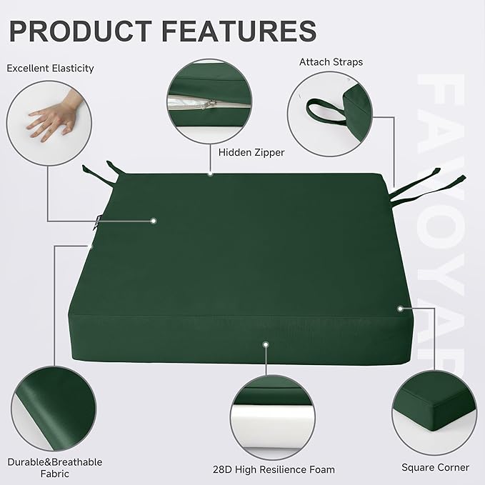 Favoyard Patio Chair Cushions 20 x 20 x 3 Inch Waterproof Outdoor Seat Cushions for Patio Furniture 3-Year Color Fastness Garden Sofa Couch Chair Pads with Handle & Adjustable Straps Set of 2, Green