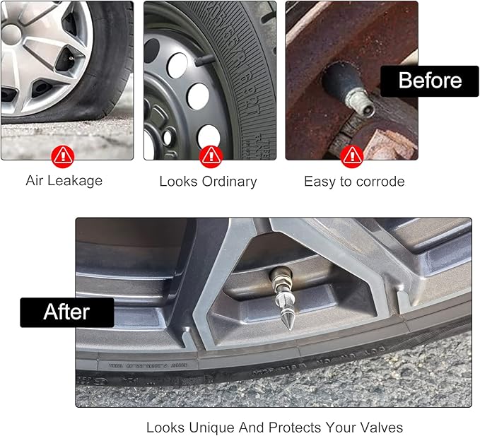 SINGARO 45mm Spiked Aluminum Stem Valve Caps,4PCS Dustproof Tire Wheel Stem Caps for Cars,SUVs,Trucks Bicycles and Motorcycles(Silver)