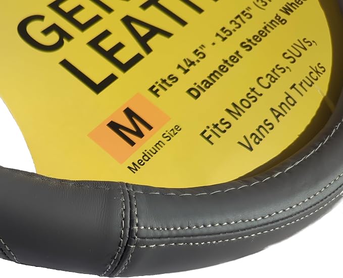 Steering Wheel Cover, Gray, Real Genuine Leather, 16 inch, for Men and Women, Universal, Stretch On, Heat Resistant, Stays Cool, Non-Slip, HANWOLF