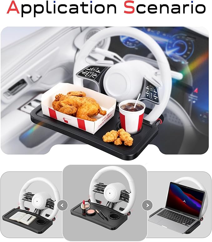 Steering Wheel Tray, Large Car Tray Table, Car Desk for Eating Drinks Work, Freely Adjustable & Universal Fit, Compatible with Tesla Ford Ram Chevrolet Silverado Toyota Tacoma GMC Sierra
