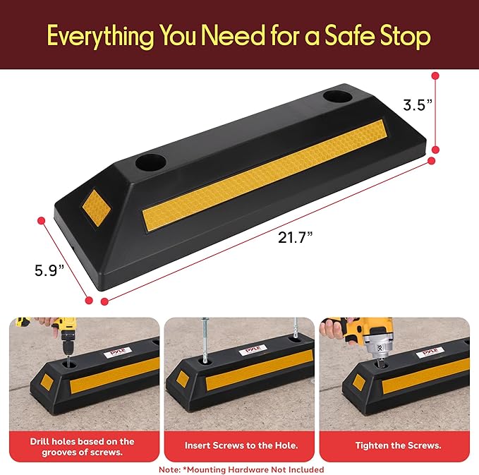 Pyle 2-Pack Heavy Duty Rubber Wheel Stops for Garage Parking – Durable, High-Visibility Tire Blocks for Cars, Trucks, Vans, RVs, Trailers, Forklifts – Reflective Safety Strip Included