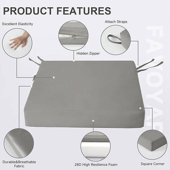 Favoyard Patio Chair Cushions 18 x 18 x 3 Inch Waterproof Outdoor Seat Cushions for Patio Furniture 3-Year Color Fastness Garden Sofa Couch Chair Pads with Handle & Adjustable Straps Set of 2, Grey
