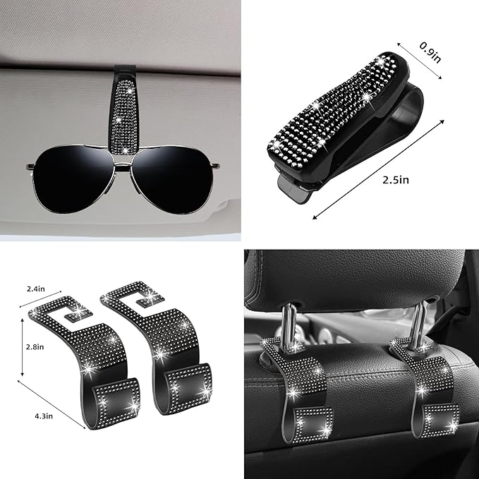 NBTEPEM 27 PCs Black Bling Car Accessories Set for Women, Steering Wheel Covers Universal Fit 15 Inch, Bling License Plate Frame, Bling Phone Holder, Bling Car Coasters (Black Diamond)