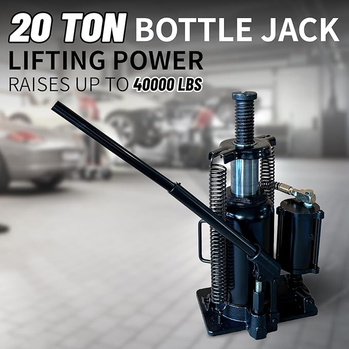 20 Ton Low Profile Air Hydraulic Bottle Jack with Air-Powered or Manual Operation, One-Piece Hydraulic Cylinder Design, Air Bottle Jack with Independent Air Pump Body and Carry Handle