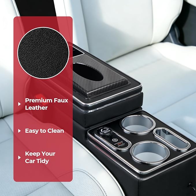 Center Console Between Seat Organizer for Minivans & SUVs - Tissue Box, Type-C & USB Fast Charge, 7-Color Ambient Light, Cup Holders, Middle Van Floor Console Storage Box (Black)