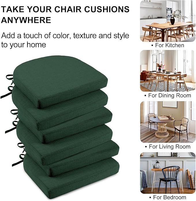 Wellsin Chair Cushions for Dining Chairs 6 Pack - Kitchen Chair Cushions with Ties and Non-Slip Backing - Dining Chair Pads 16"X16"X2", Dark Green