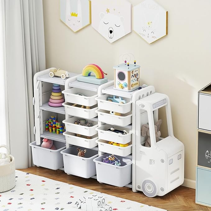 Costzon Car-Shaped Toy Storage Organizer, Kids Toy Shelf w/11 Removable Bins, 2 Cabinets, Top Shelf & Cab Compartment, Toddler Bookshelf for Kids Room, Playroom, Classroom, Living Room (Car)