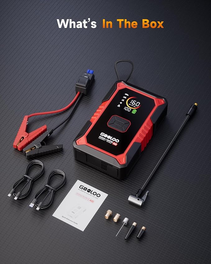 GOOLOO A5 Jump Starter with Air Compressor, 4000A Car Battery Jump Starter (All Gas/10.0L Diesel) with 160PSI Tire Inflator Auto-Off, 45W Output Power Bank, 12V Jump Box Car Jumper Starter Portable