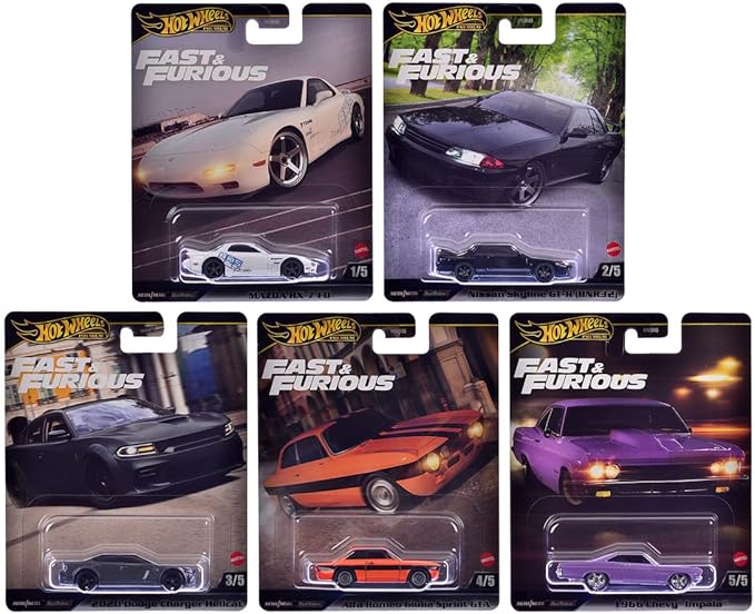 Hot Wheels Fast & Furious Die-Cast Cars Collection, 5-Pack Set, Mazda RX-7, Nissan Skyline, Dodge Charger, Alfa Romeo, Plymouth HNW-956K