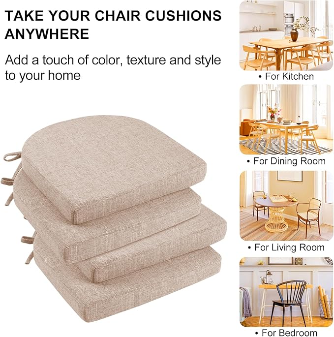 Wellsin Chair Cushions for Dining Chairs 6 Pack - Kitchen Chair Cushions with Ties and Non-Slip Backing - Dining Chair Pads 16"X16"X2", Oatmeal Beige