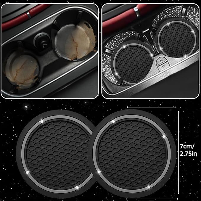 NBTEPEM 6 PCS Bling Car Accessories Set, Leather Steering Wheel Covers Universal 14.5-15 inch, Center Console Cover, Seat Belt Cushion, Cup Holder Coaster (Gray)