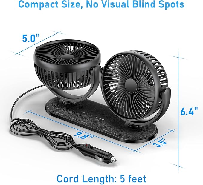 TriPole Car Fan 12V / 24V Portable Auto Cooling Fan Dual Head Rotatable Vehicle Fans 3 Speeds Strong Wind Electric Air Circulation Fans for Car Dashboard Truck SUV Sedan RV Van Boat Golf Cart