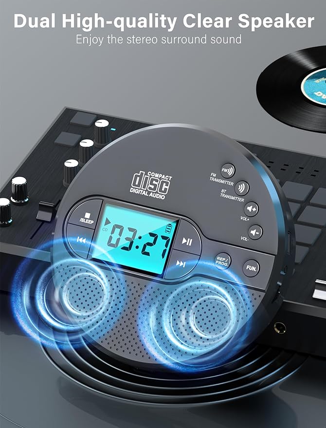 Portable CD Player with 2000mAh Rechargeable Battery-Bluetooth Connect CD Player with 3.5mm Headphones Jack,FM Transmitter,LCD Screen,AUX,Built-in Speaker,USB MP3 Player, Anti-Shock Protection for Car