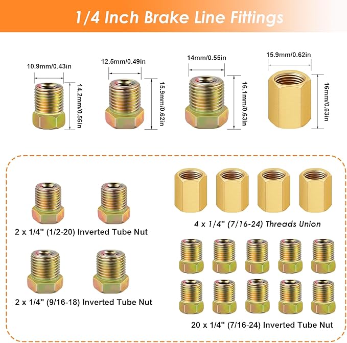 25 ft 1/4Inch Copper Coated Brake Line Kit(Includes 24 Fittings and 4 Unions) with Double & Single Flaring Tool Kit