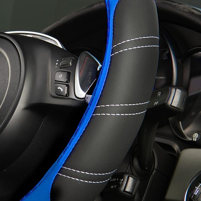 CAR PASS Line Rider Microfiber 14 Inch Leather Sporty Steering Wheel Cover Universal Fits for Truck,SUV,Cars, Anti-Slip Safety Comfortable Desgin (Black-Blue)