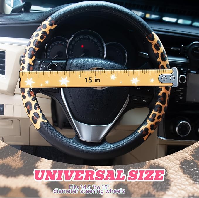 Universal Leather Leopard Cheetah Steering Wheel Cover Women 14.5-15 inch Leopard car Accessories Western Anime Brown Cute Wheel Cover Hip Hop Anti-Slip Car Protecter for Men