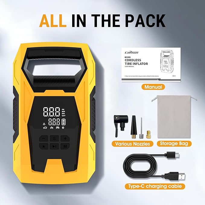 CARSUN Cordless Tire Inflator Portable Air Compressor, 150 PSI Air Compressor for Car Tires, Portable Tire Inflator with Digital Dual Values Display, Tire Pump for Car, Bike, Motorcycle, Ball